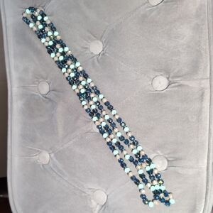 Super long glass bead necklace Seafoam green, navyish teal blue and taupe